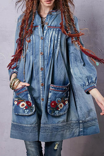 Denim Round Neck Long Sleeve A Line Dress