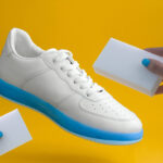 trendy white sneakers with blue sole  and female hands with sponges  on a yellow background , shoes care concept